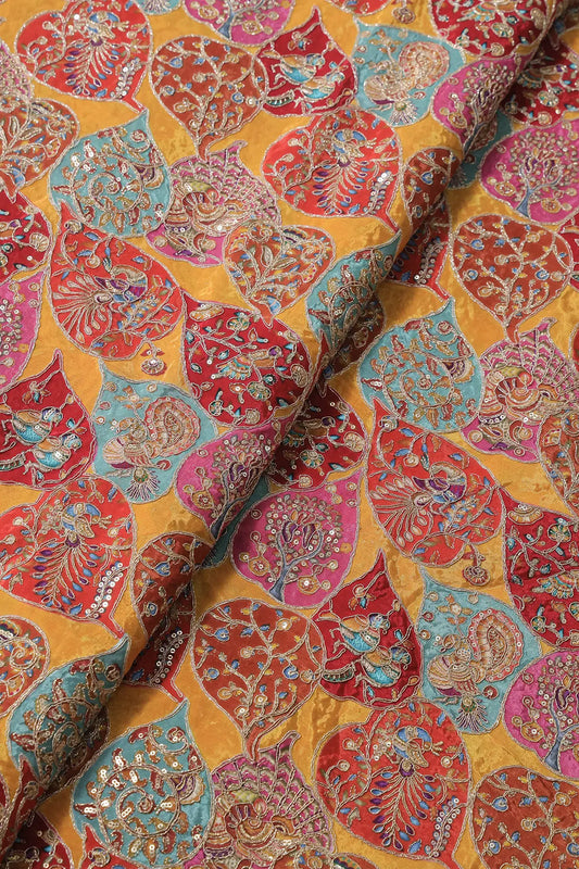 Positional Print with Zari And Sequins Heavy Embroidery Work On Yellow Pure Crepe Fabric