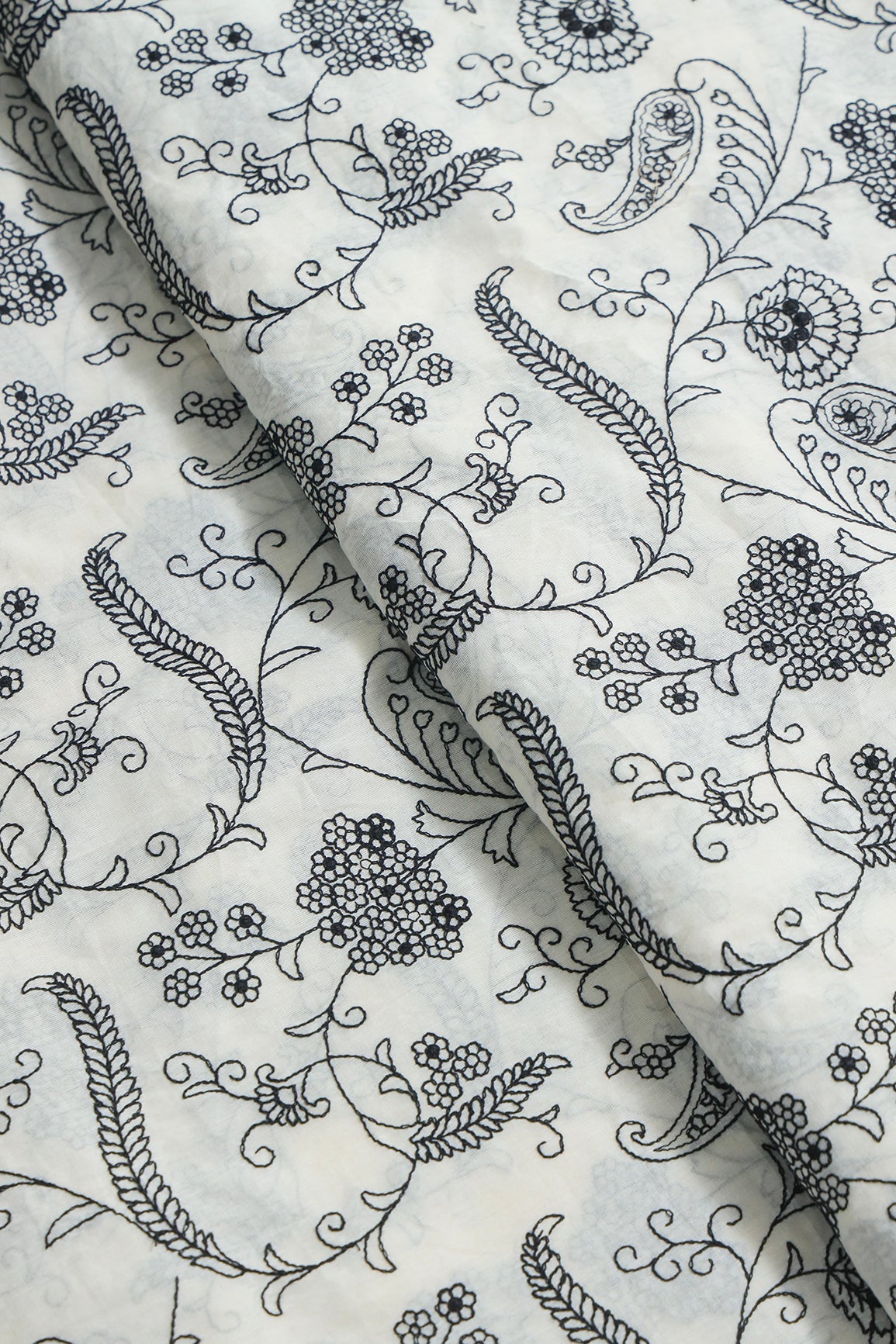 AIzaSyBcstauz-XMPRhEY21AUzeo032pxrXB5Ug - Beautiful Black Thread Floral Embroidery Work On Off White Pure Cotton Fabric