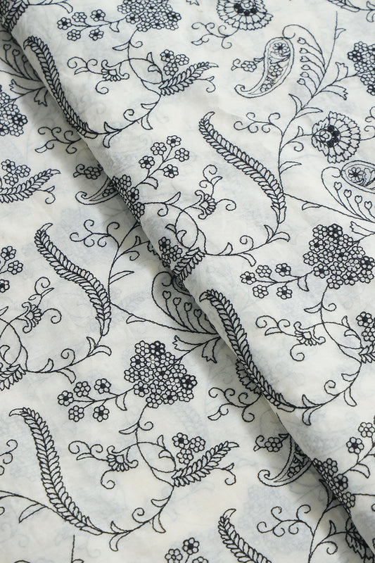 AIzaSyBcstauz-XMPRhEY21AUzeo032pxrXB5Ug - Beautiful Black Thread Floral Embroidery Work On Off White Pure Cotton Fabric