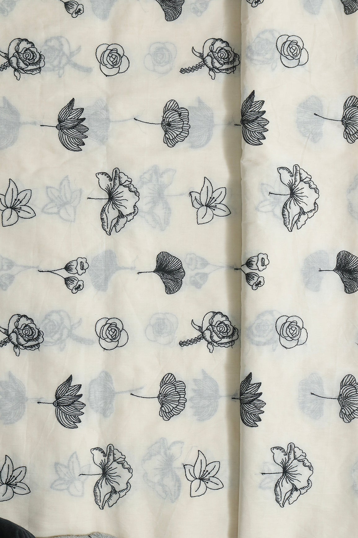 AIzaSyBcstauz-XMPRhEY21AUzeo032pxrXB5Ug - Beautiful Black Thread Floral Embroidery Work On Off White Pure Cotton Fabric