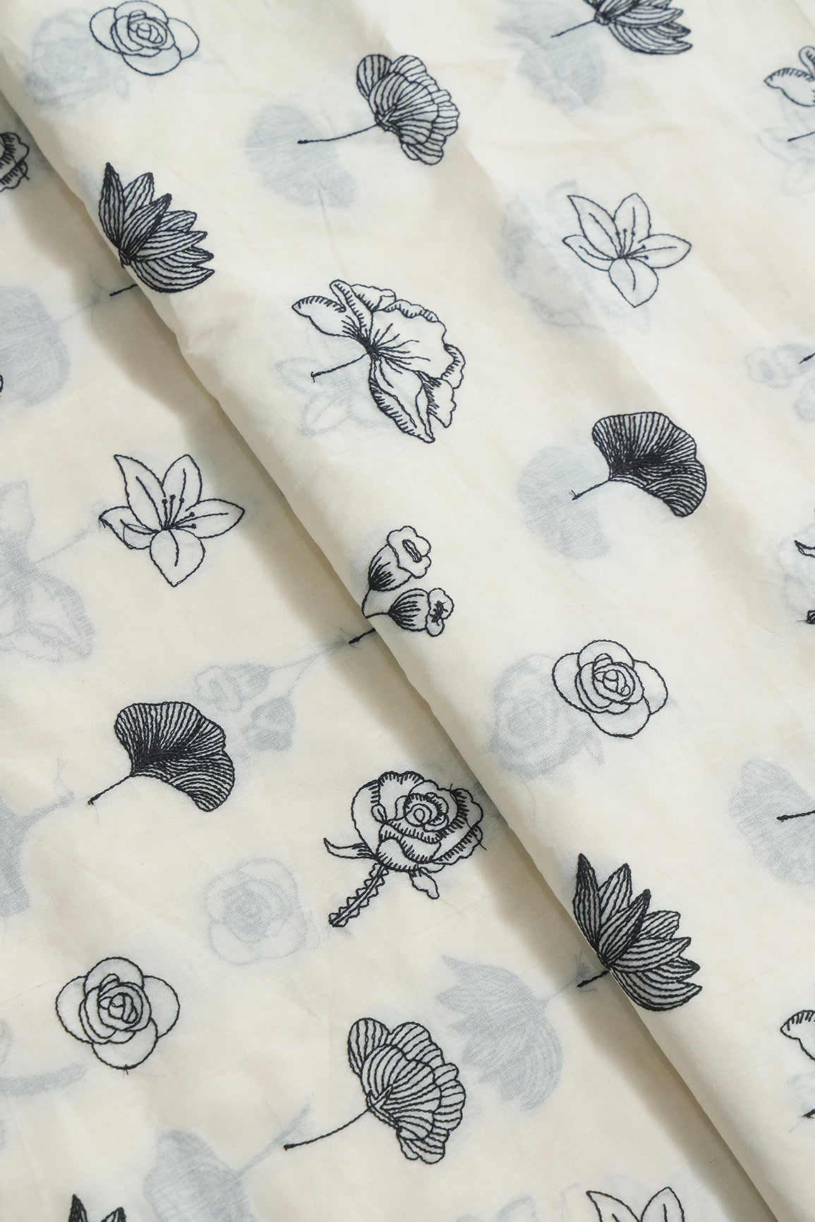 AIzaSyBcstauz-XMPRhEY21AUzeo032pxrXB5Ug - Beautiful Black Thread Floral Embroidery Work On Off White Pure Cotton Fabric