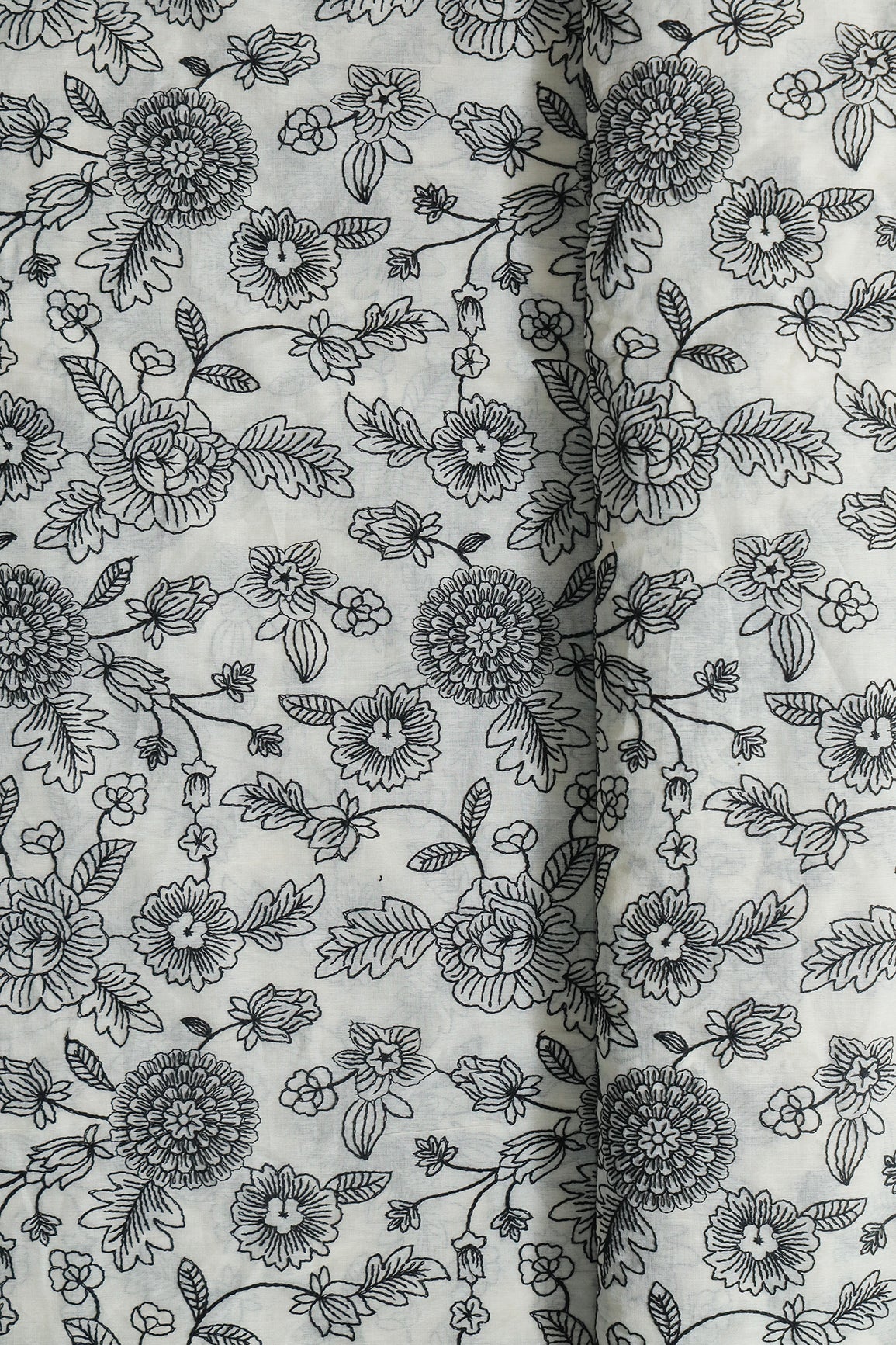 AIzaSyBcstauz-XMPRhEY21AUzeo032pxrXB5Ug - Beautiful Black Thread Floral Embroidery Work On Off White Pure Cotton Fabric