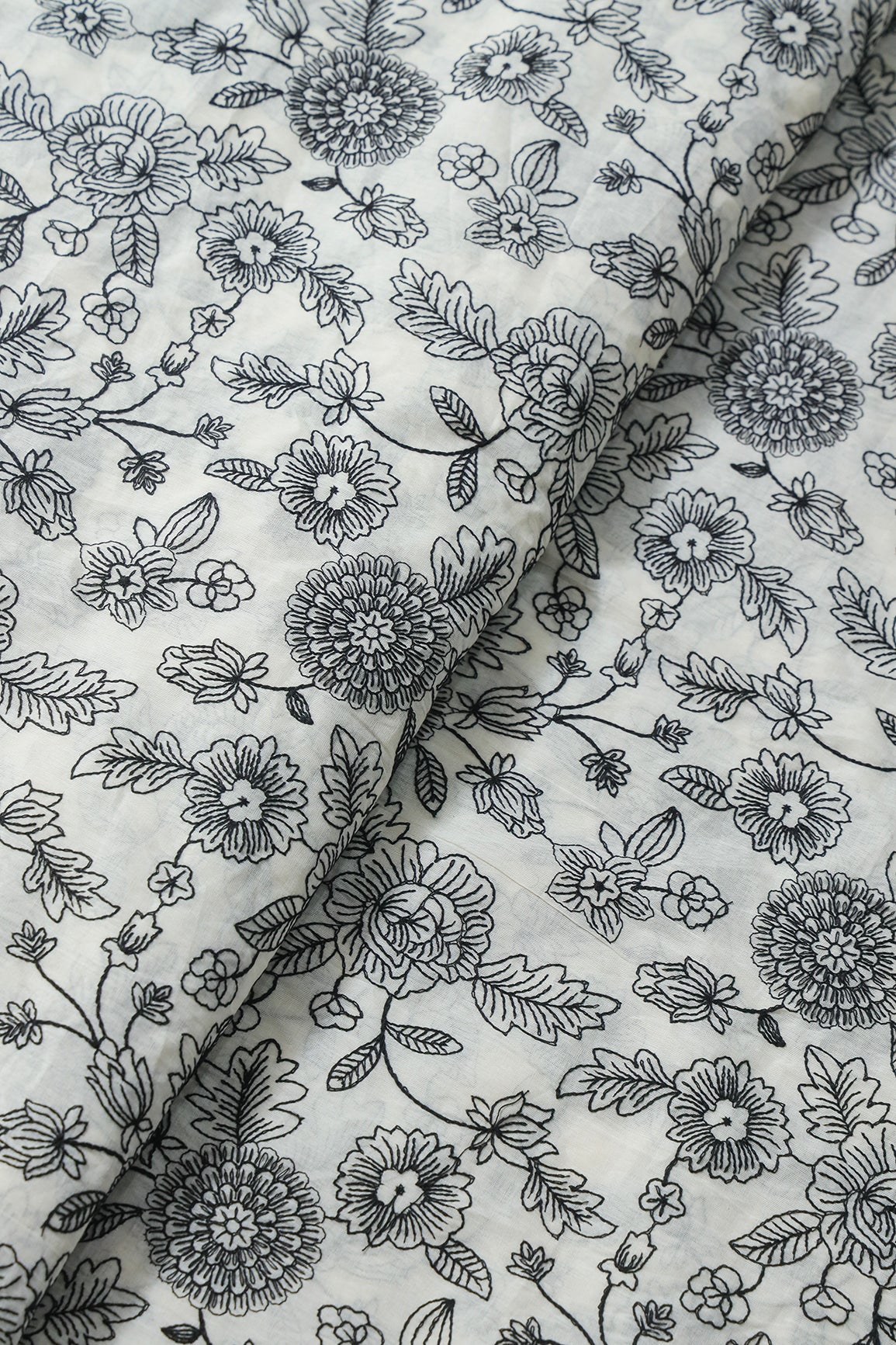 AIzaSyBcstauz-XMPRhEY21AUzeo032pxrXB5Ug - Beautiful Black Thread Floral Embroidery Work On Off White Pure Cotton Fabric