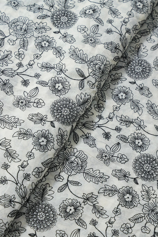 AIzaSyBcstauz-XMPRhEY21AUzeo032pxrXB5Ug - Beautiful Black Thread Floral Embroidery Work On Off White Pure Cotton Fabric