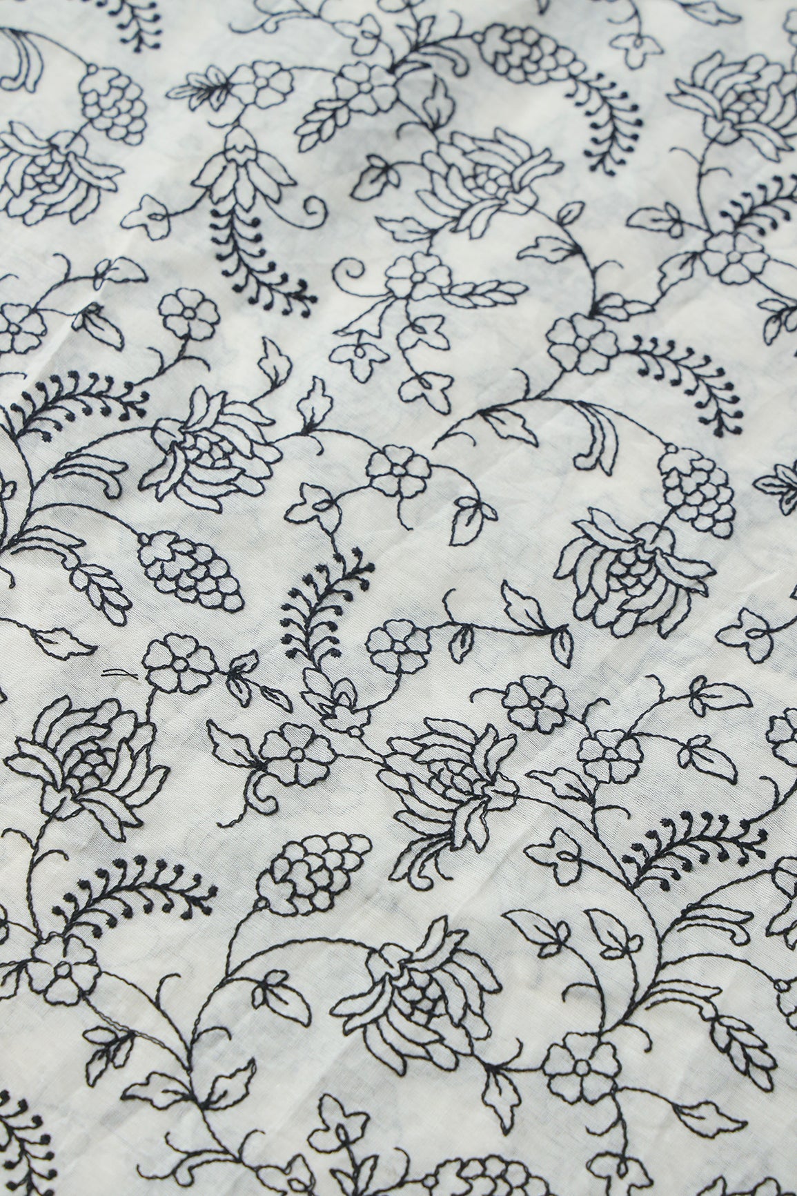 AIzaSyBcstauz-XMPRhEY21AUzeo032pxrXB5Ug - Black Thread Beautiful Floral Embroidery Work On Off White Pure Cotton Fabric