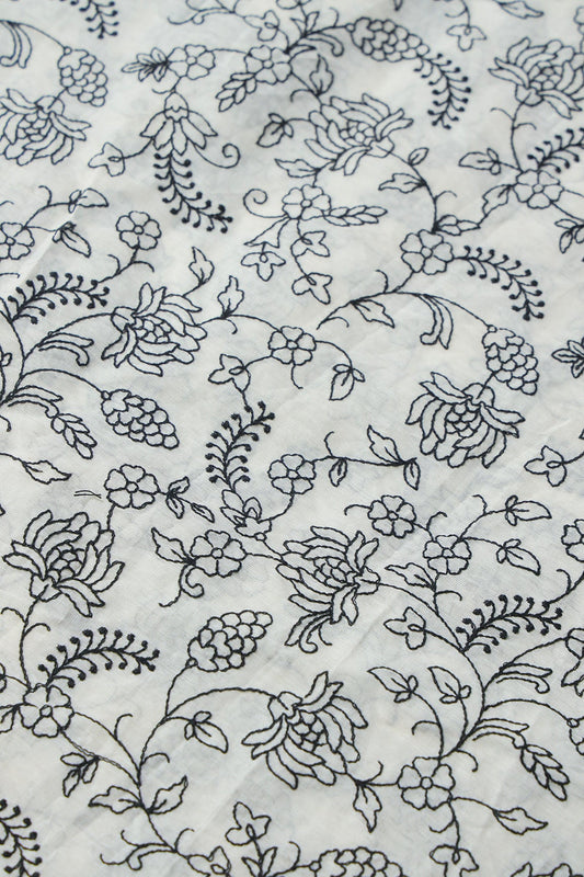 AIzaSyBcstauz-XMPRhEY21AUzeo032pxrXB5Ug - Black Thread Beautiful Floral Embroidery Work On Off White Pure Cotton Fabric