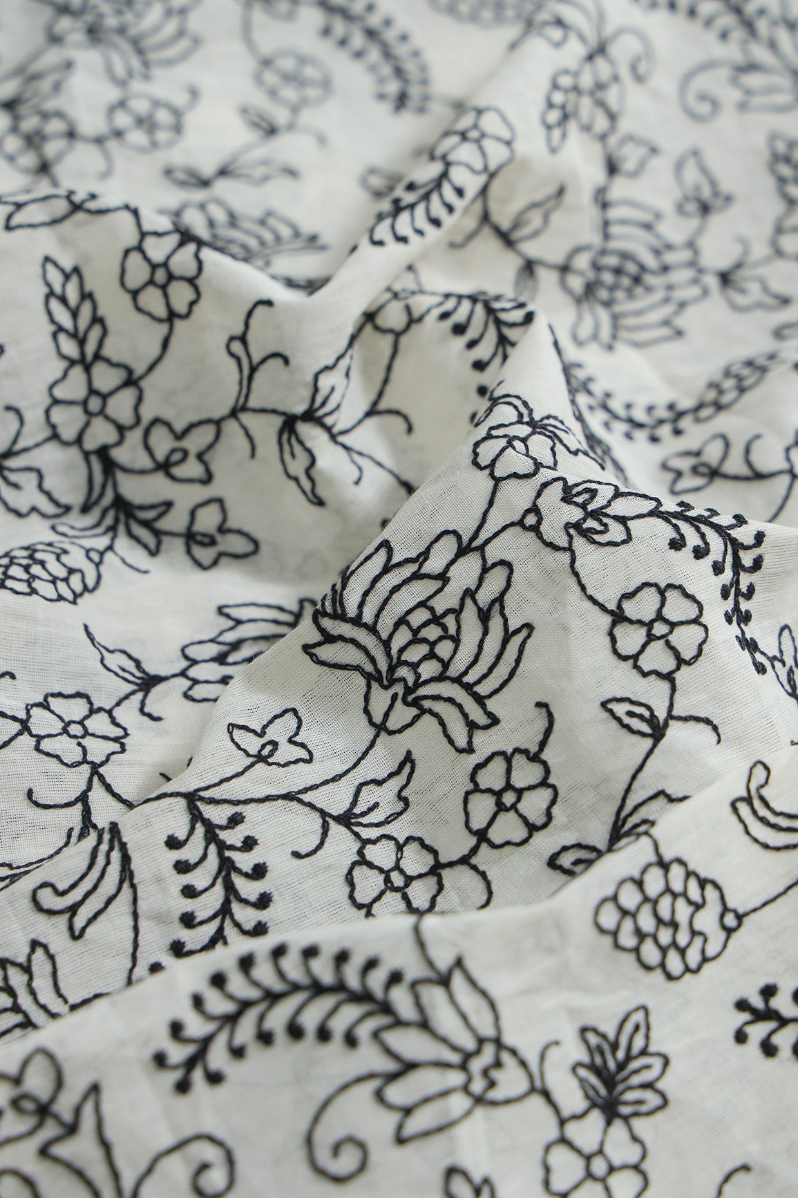 AIzaSyBcstauz-XMPRhEY21AUzeo032pxrXB5Ug - Black Thread Beautiful Floral Embroidery Work On Off White Pure Cotton Fabric