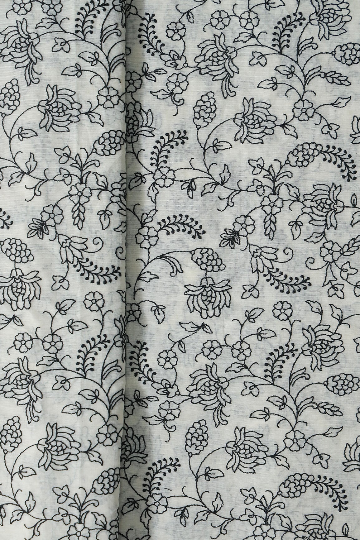 AIzaSyBcstauz-XMPRhEY21AUzeo032pxrXB5Ug - Black Thread Beautiful Floral Embroidery Work On Off White Pure Cotton Fabric