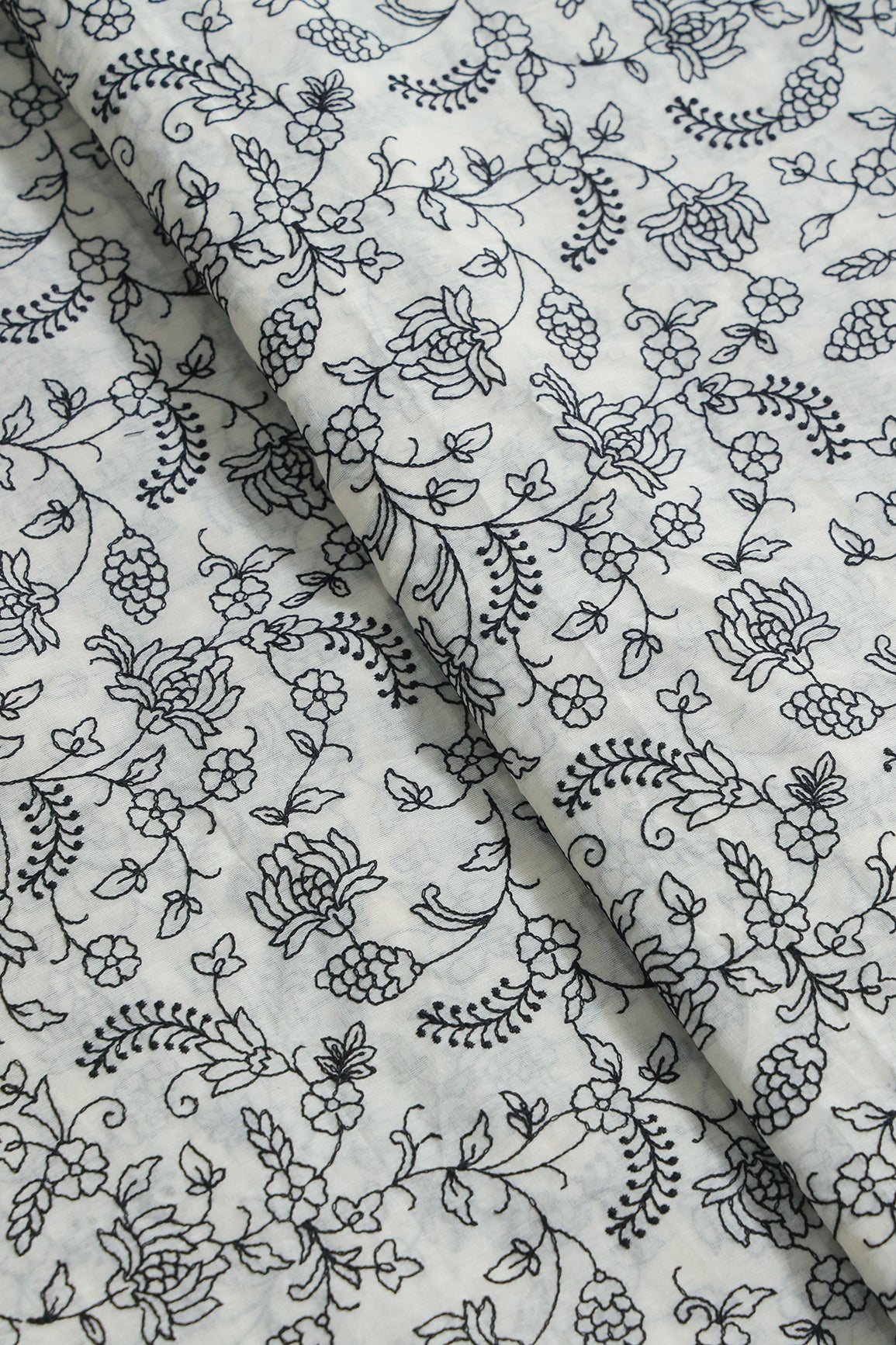AIzaSyBcstauz-XMPRhEY21AUzeo032pxrXB5Ug - Black Thread Beautiful Floral Embroidery Work On Off White Pure Cotton Fabric