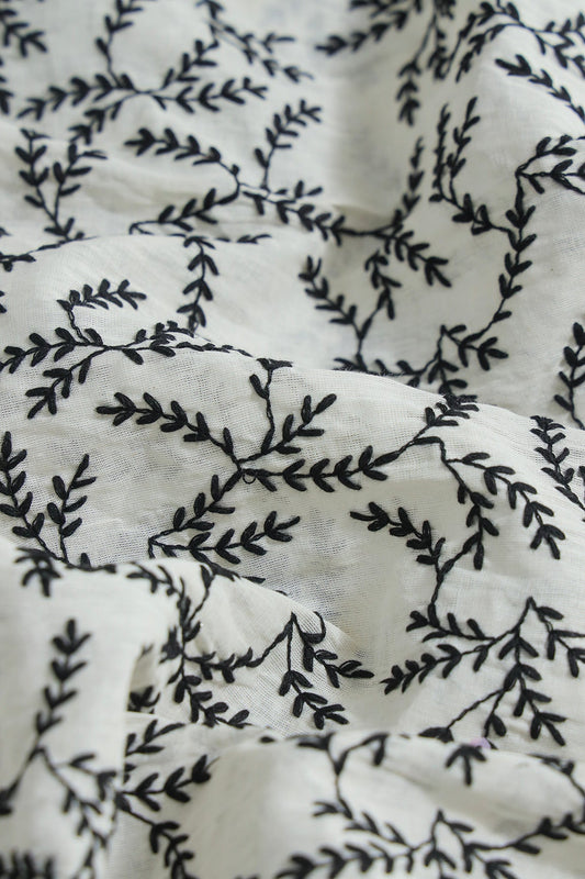 AIzaSyBcstauz-XMPRhEY21AUzeo032pxrXB5Ug - Black Thread beautiful Leafy Embroidery Work On Off White Organic Cotton Fabric