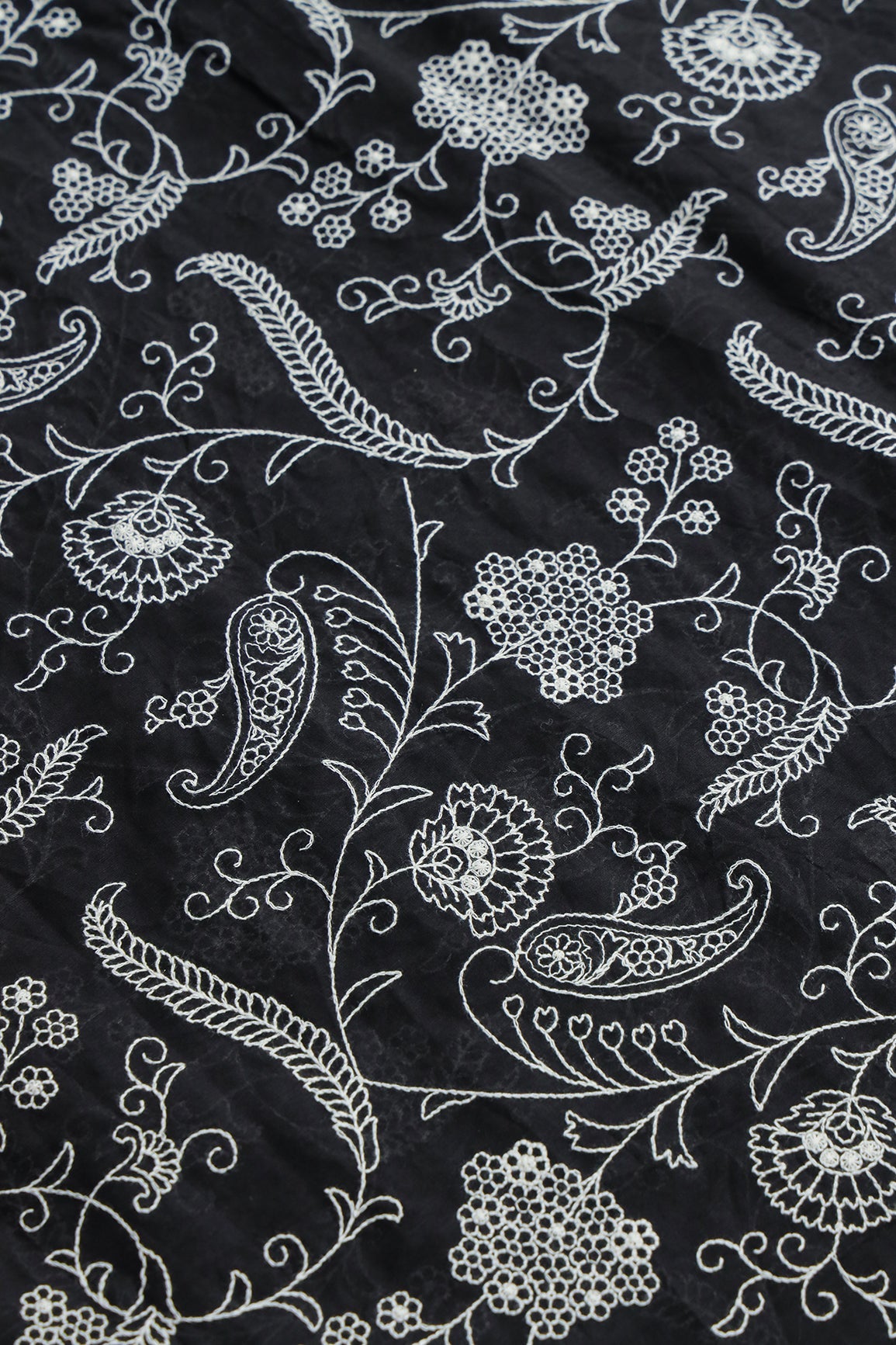 AIzaSyBcstauz-XMPRhEY21AUzeo032pxrXB5Ug - Beautiful White Thread Floral Embroidery Work On Black Pure Mul Cotton Fabric