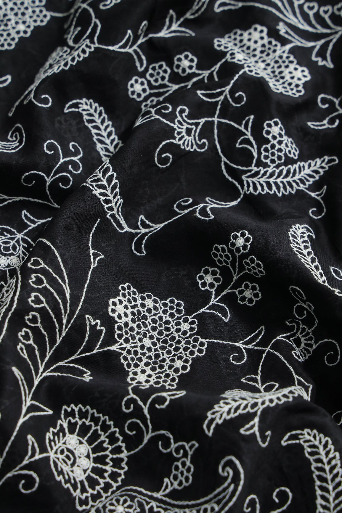 AIzaSyBcstauz-XMPRhEY21AUzeo032pxrXB5Ug - Beautiful White Thread Floral Embroidery Work On Black Pure Mul Cotton Fabric