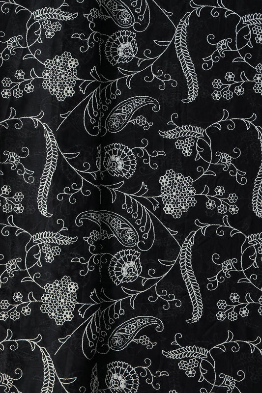 AIzaSyBcstauz-XMPRhEY21AUzeo032pxrXB5Ug - Beautiful White Thread Floral Embroidery Work On Black Pure Mul Cotton Fabric