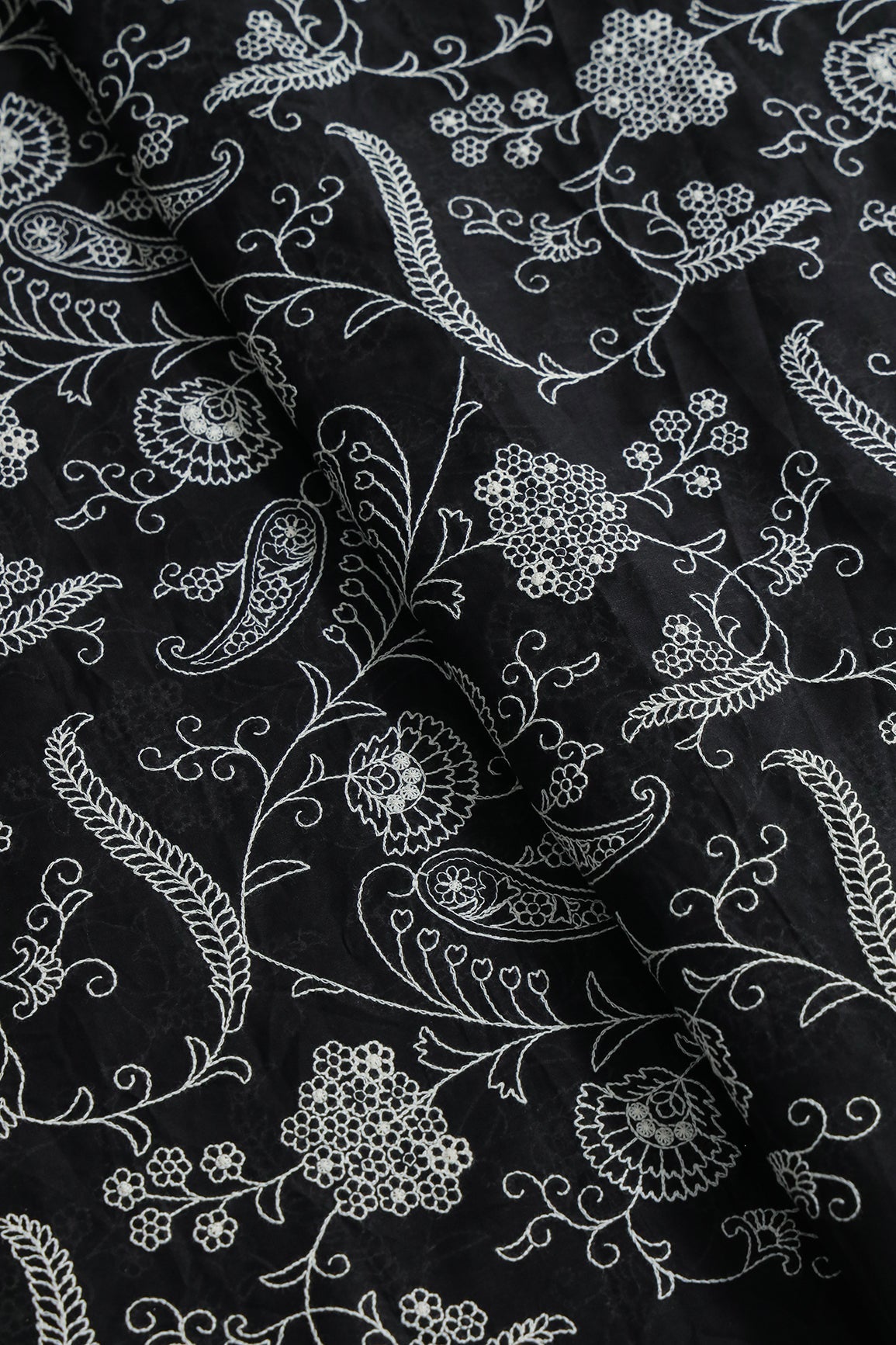 AIzaSyBcstauz-XMPRhEY21AUzeo032pxrXB5Ug - Beautiful White Thread Floral Embroidery Work On Black Pure Mul Cotton Fabric