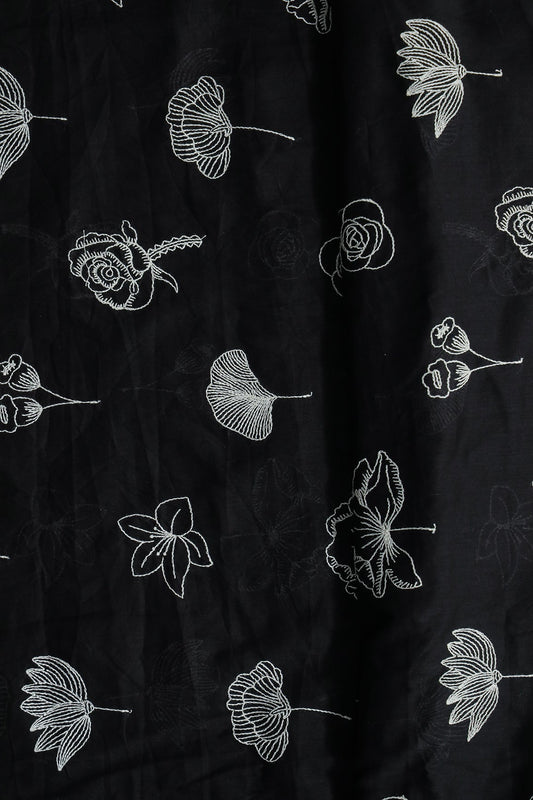 AIzaSyBcstauz-XMPRhEY21AUzeo032pxrXB5Ug - Beautiful White Thread Floral Embroidery Work On Black Pure Mul Cotton Fabric