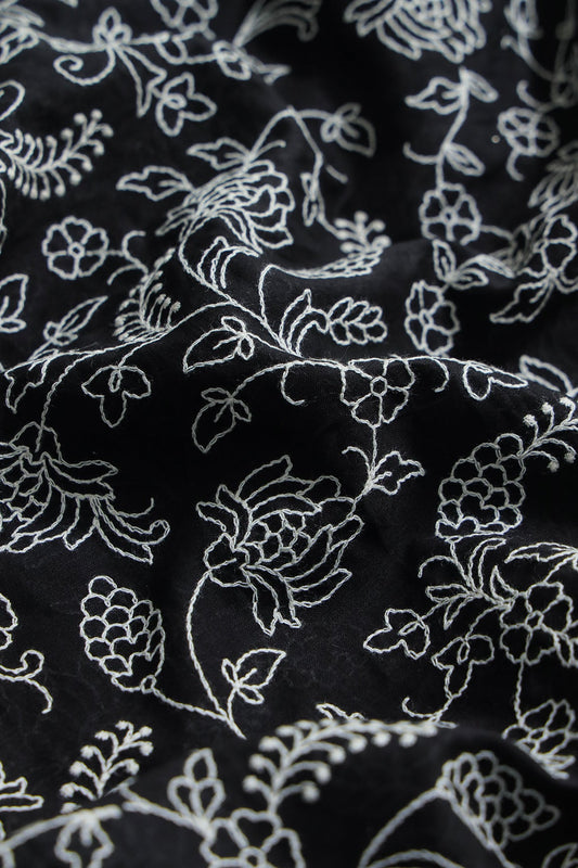 White Thread Beautiful Floral Embroidery Work On Pure Black Mul Cotton Fabric