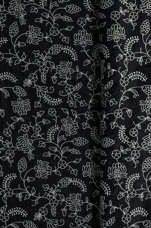 White Thread Beautiful Floral Embroidery Work On Pure Black Mul Cotton Fabric
