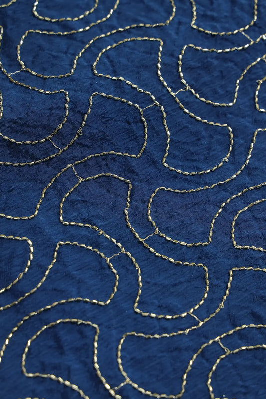 AIzaSyBcstauz-XMPRhEY21AUzeo032pxrXB5Ug - Cut Dana Beads Appealing Abstract Embroidery Work On Navy Blue Chinnon Chiffon Fabric
