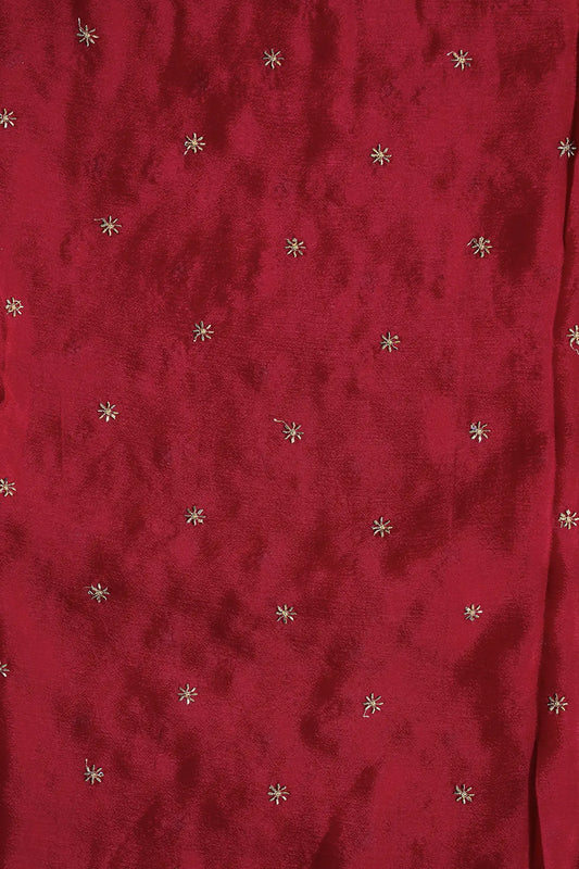 AIzaSyBcstauz-XMPRhEY21AUzeo032pxrXB5Ug - Gold Beads Cut Dana Motif Embroidery Work On Red Chinnon Chiffon Fabric
