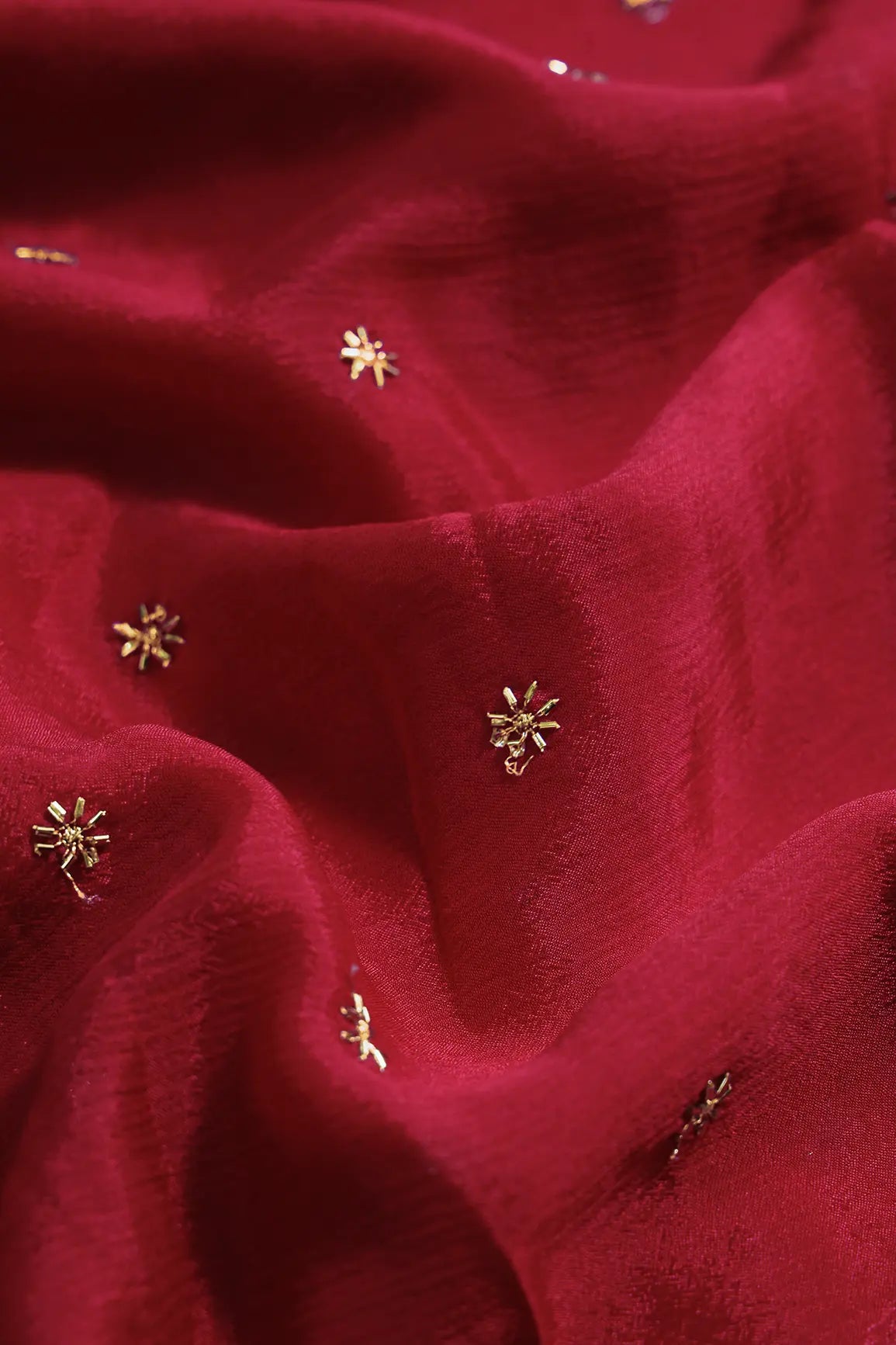 AIzaSyBcstauz-XMPRhEY21AUzeo032pxrXB5Ug - Gold Beads Cut Dana Motif Embroidery Work On Red Chinnon Chiffon Fabric