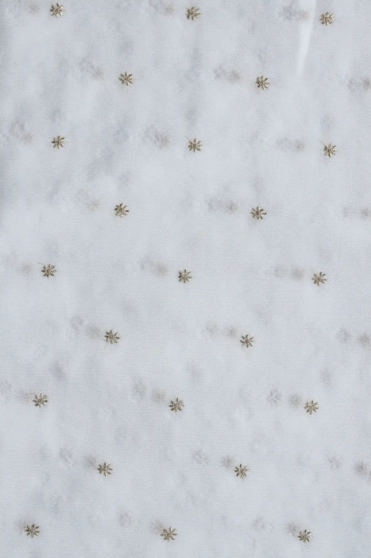 AIzaSyBcstauz-XMPRhEY21AUzeo032pxrXB5Ug - Gold Beads Cut Dana Motif Embroidery Work On White Dyeable Chinnon Chiffon Fabric