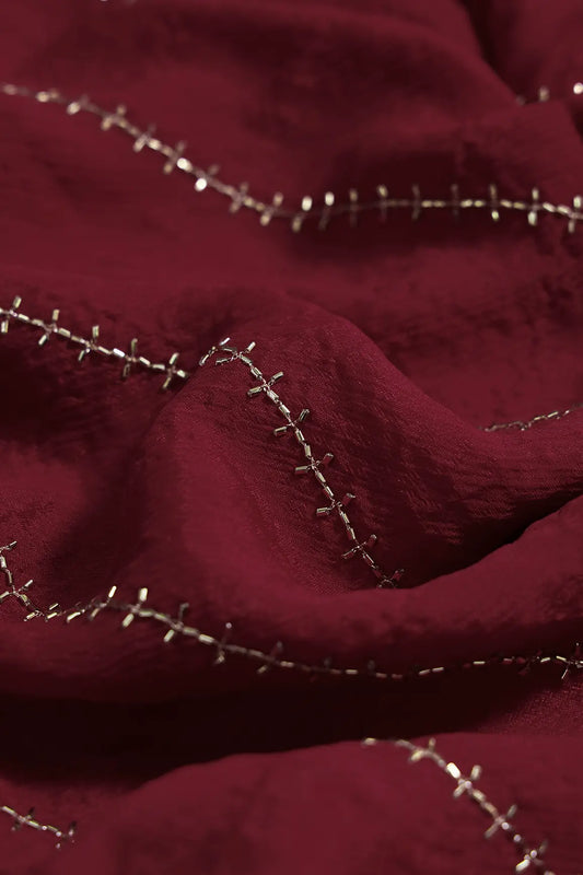 AIzaSyBcstauz-XMPRhEY21AUzeo032pxrXB5Ug - Gold Beads Cut Dana Stripes Embroidery Work On Cherry Red Chinnon Chiffon Fabric