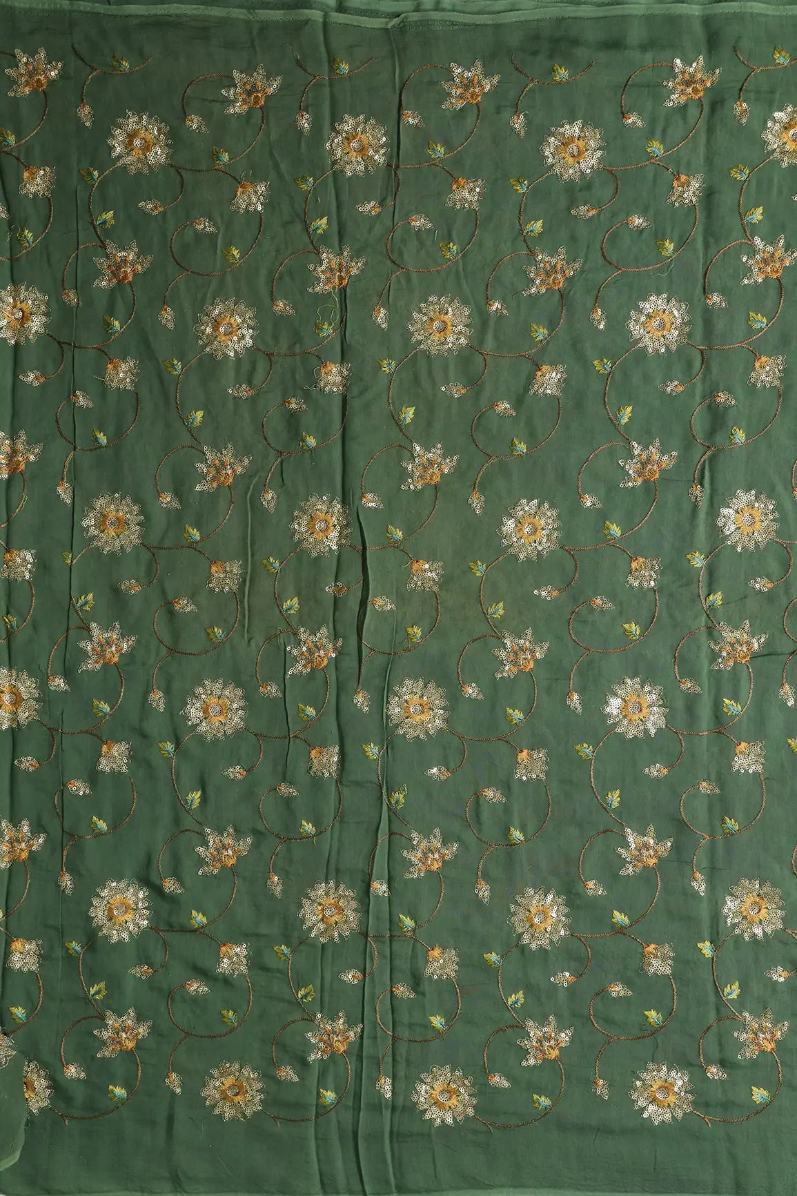 AIzaSyBcstauz-XMPRhEY21AUzeo032pxrXB5Ug - Beautiful Floral Multi Color Thread with Sequins Embroidery Work On Green Muslin Fabric