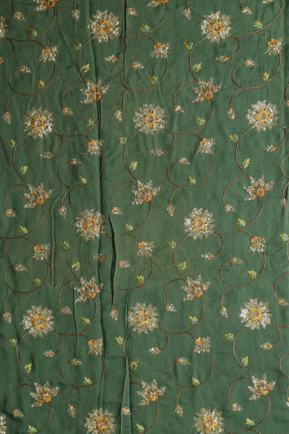 AIzaSyBcstauz-XMPRhEY21AUzeo032pxrXB5Ug - Beautiful Floral Multi Color Thread with Sequins Embroidery Work On Green Muslin Fabric