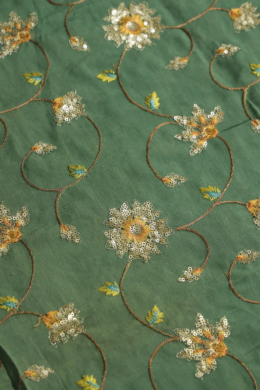 AIzaSyBcstauz-XMPRhEY21AUzeo032pxrXB5Ug - Beautiful Floral Multi Color Thread with Sequins Embroidery Work On Green Muslin Fabric