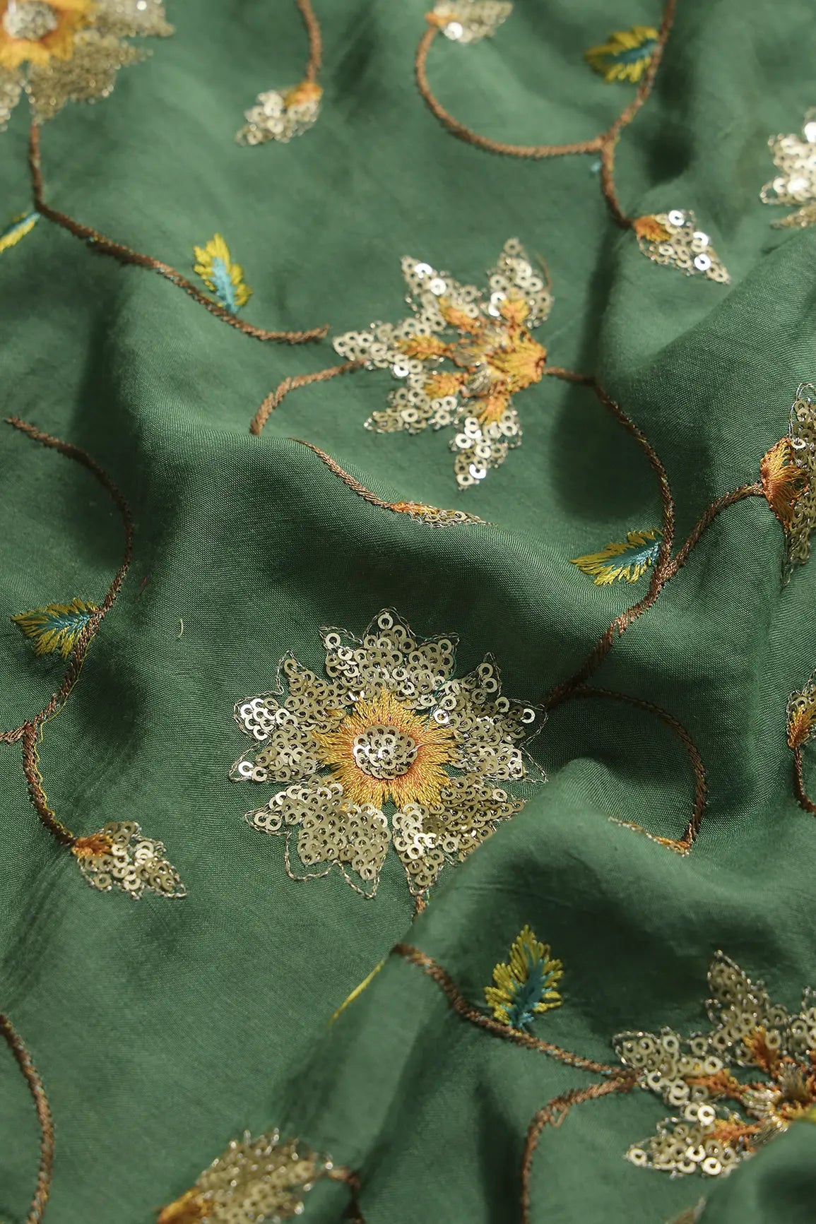 AIzaSyBcstauz-XMPRhEY21AUzeo032pxrXB5Ug - Beautiful Floral Multi Color Thread with Sequins Embroidery Work On Green Muslin Fabric