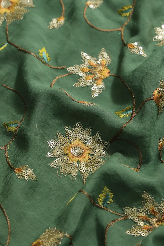 AIzaSyBcstauz-XMPRhEY21AUzeo032pxrXB5Ug - Beautiful Floral Multi Color Thread with Sequins Embroidery Work On Green Muslin Fabric