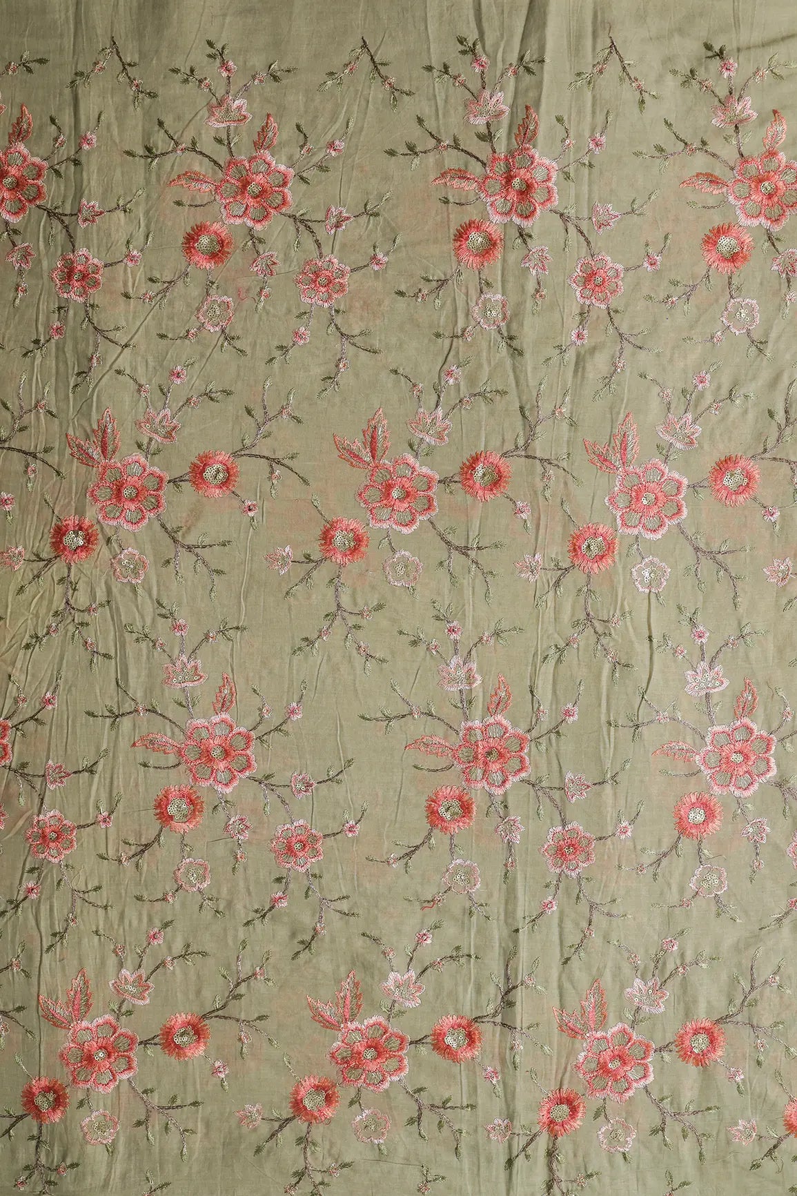 AIzaSyBcstauz-XMPRhEY21AUzeo032pxrXB5Ug - Gold Sequins With Thread Embroidery Work On Light Olive Organic Cotton Fabric