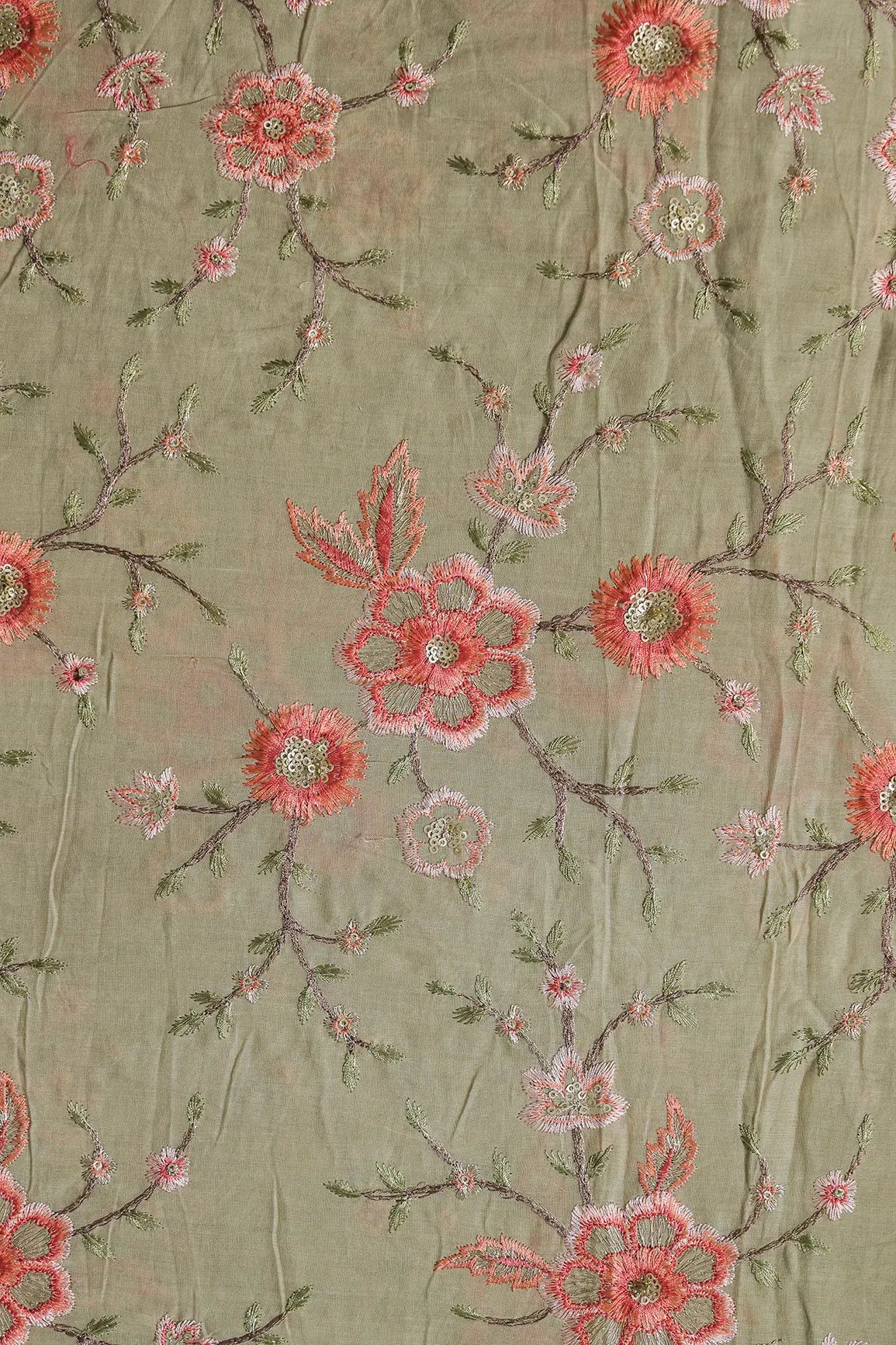 AIzaSyBcstauz-XMPRhEY21AUzeo032pxrXB5Ug - Gold Sequins With Thread Embroidery Work On Light Olive Organic Cotton Fabric