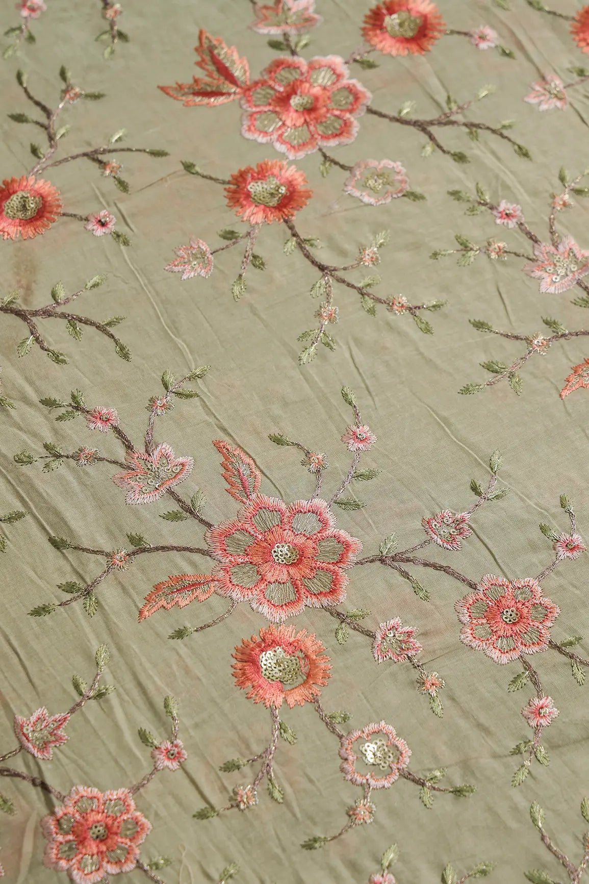 AIzaSyBcstauz-XMPRhEY21AUzeo032pxrXB5Ug - Gold Sequins With Thread Embroidery Work On Light Olive Organic Cotton Fabric