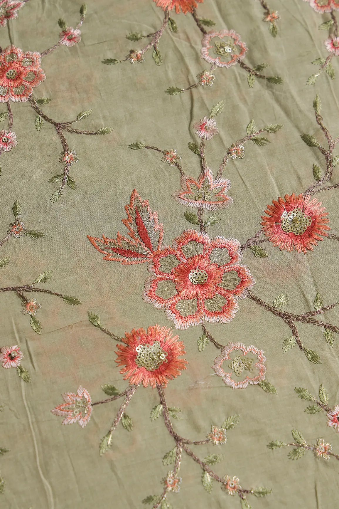 AIzaSyBcstauz-XMPRhEY21AUzeo032pxrXB5Ug - Gold Sequins With Thread Embroidery Work On Light Olive Organic Cotton Fabric