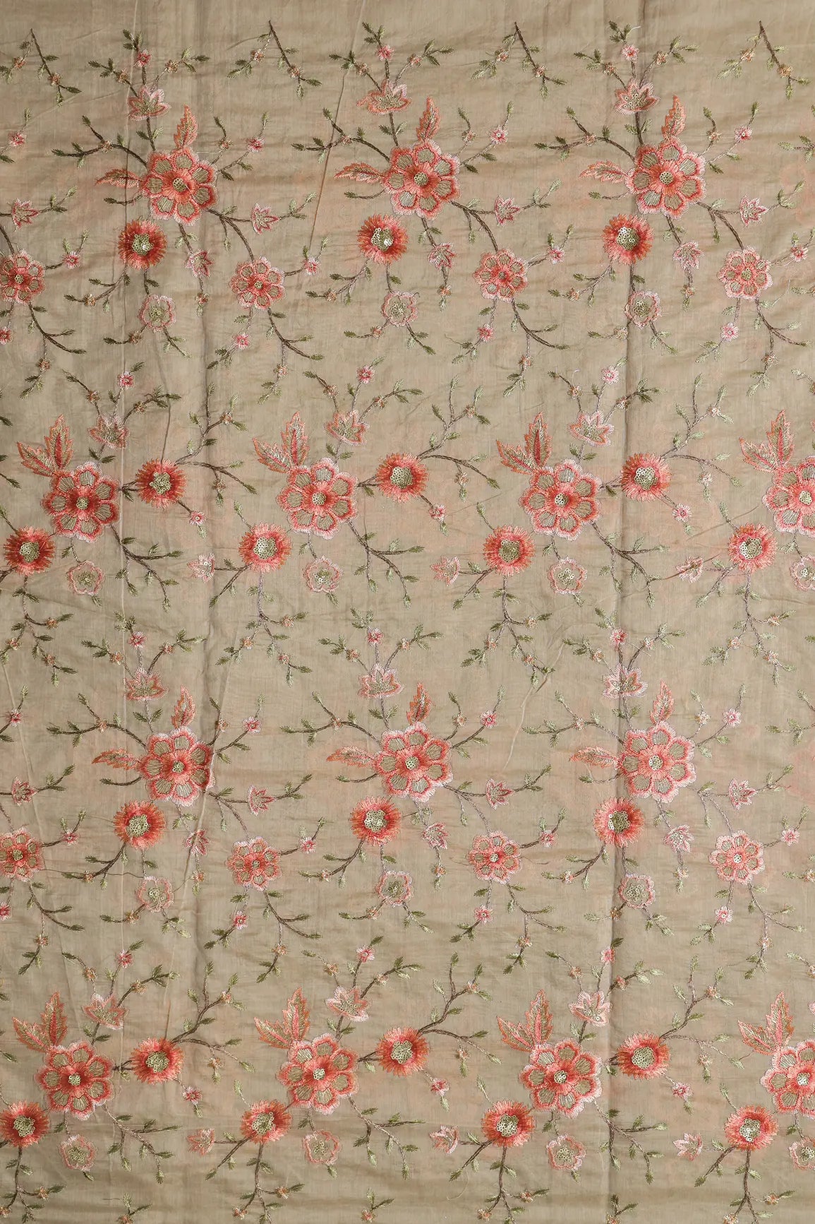 AIzaSyBcstauz-XMPRhEY21AUzeo032pxrXB5Ug - Gold Sequins With Thread Embroidery Work On Sand Beige Chanderi Fabric