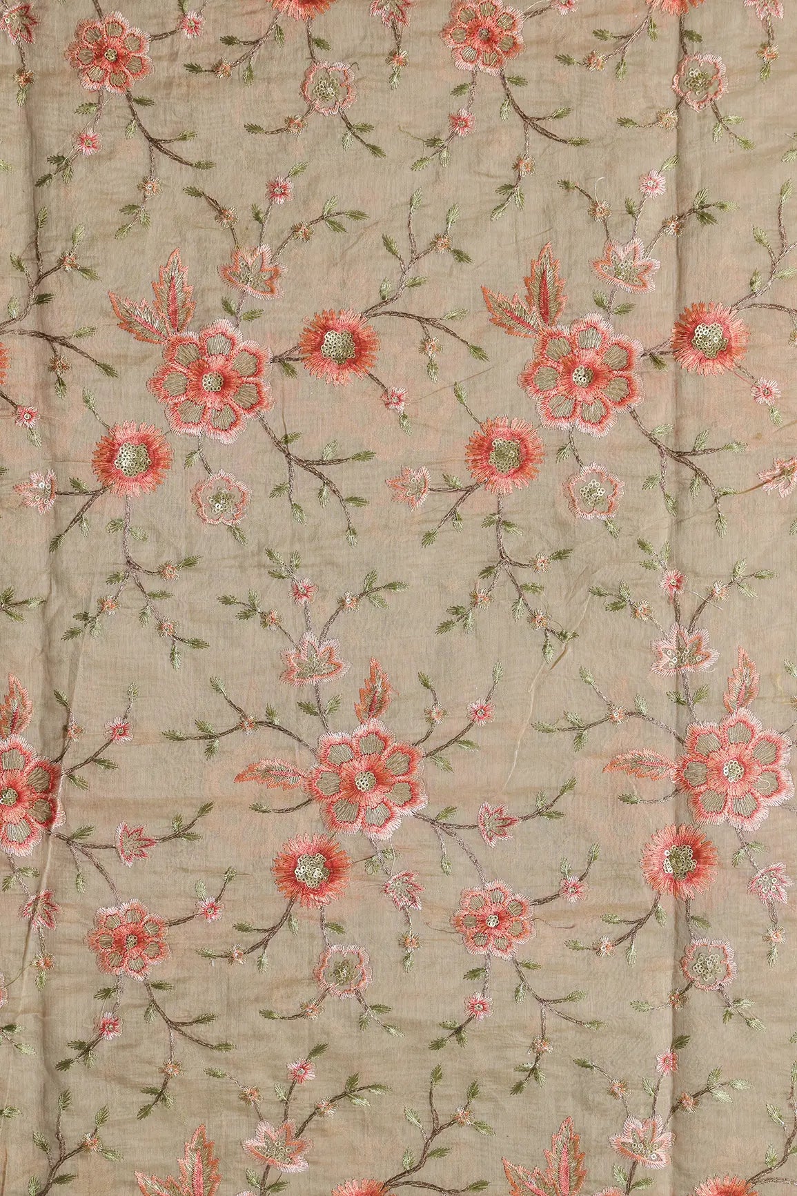 AIzaSyBcstauz-XMPRhEY21AUzeo032pxrXB5Ug - Gold Sequins With Thread Embroidery Work On Sand Beige Chanderi Fabric