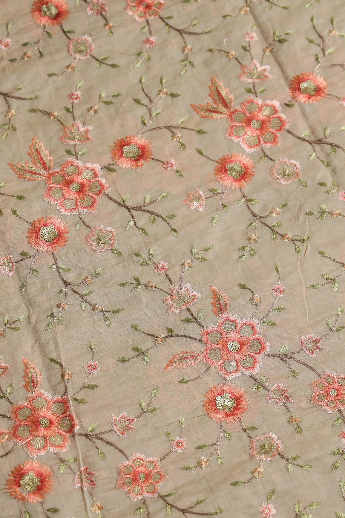 AIzaSyBcstauz-XMPRhEY21AUzeo032pxrXB5Ug - Gold Sequins With Thread Embroidery Work On Sand Beige Chanderi Fabric