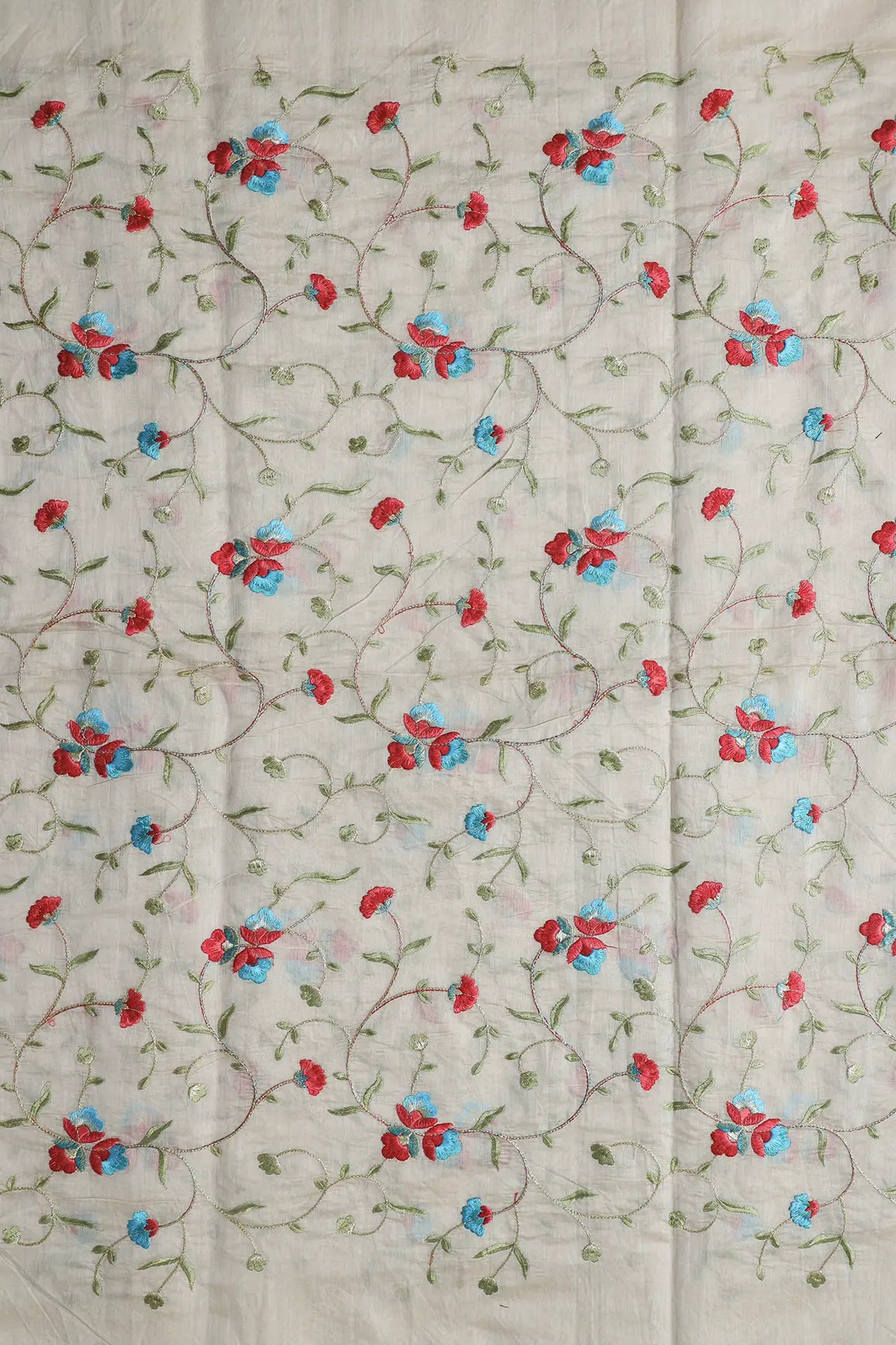 AIzaSyBcstauz-XMPRhEY21AUzeo032pxrXB5Ug - Beautiful Floral Embroidery Work On Off White Chanderi Fabric