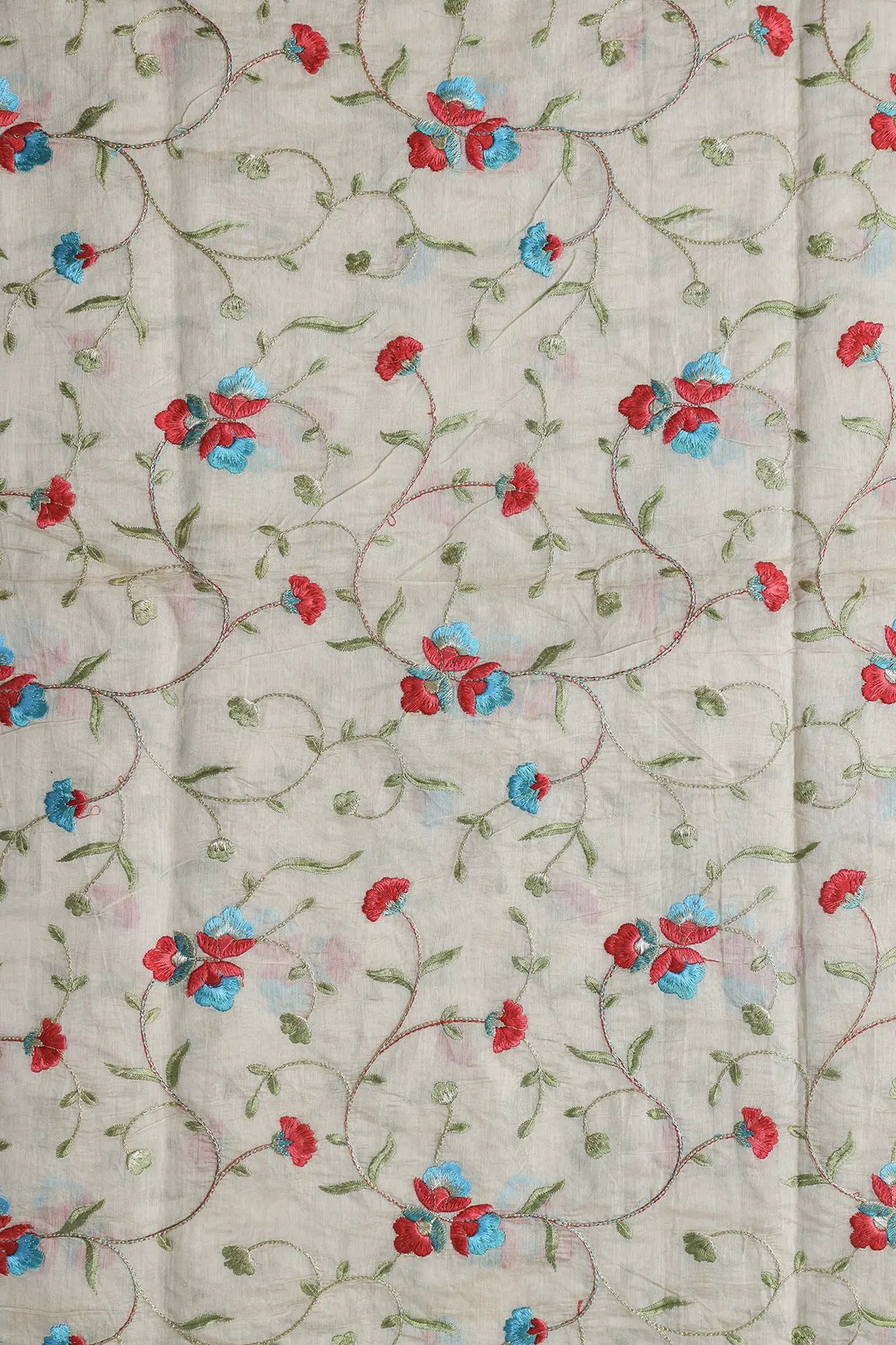 AIzaSyBcstauz-XMPRhEY21AUzeo032pxrXB5Ug - Beautiful Floral Embroidery Work On Off White Chanderi Fabric