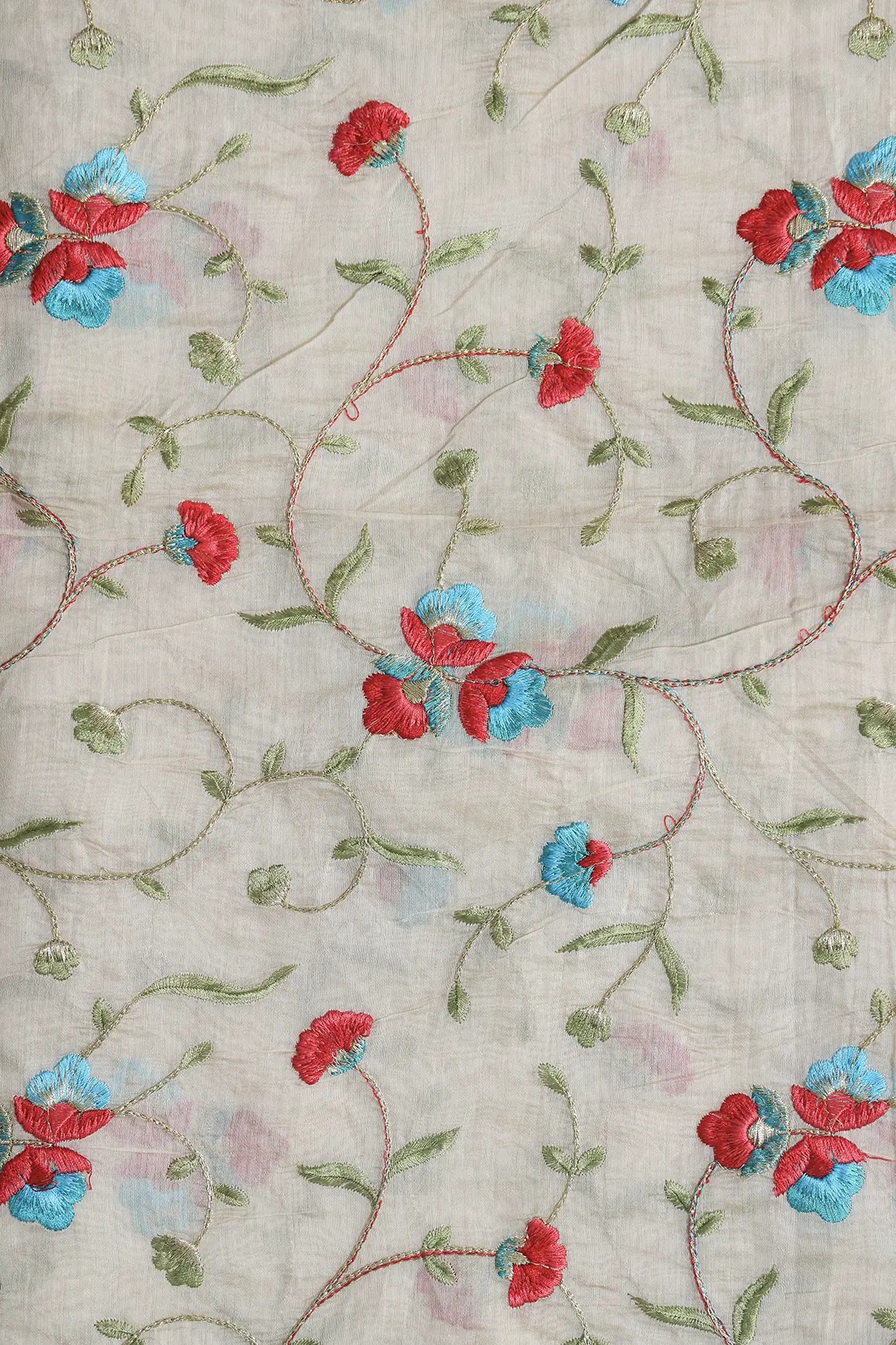 AIzaSyBcstauz-XMPRhEY21AUzeo032pxrXB5Ug - Beautiful Floral Embroidery Work On Off White Chanderi Fabric