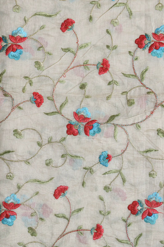 AIzaSyBcstauz-XMPRhEY21AUzeo032pxrXB5Ug - Beautiful Floral Embroidery Work On Off White Chanderi Fabric