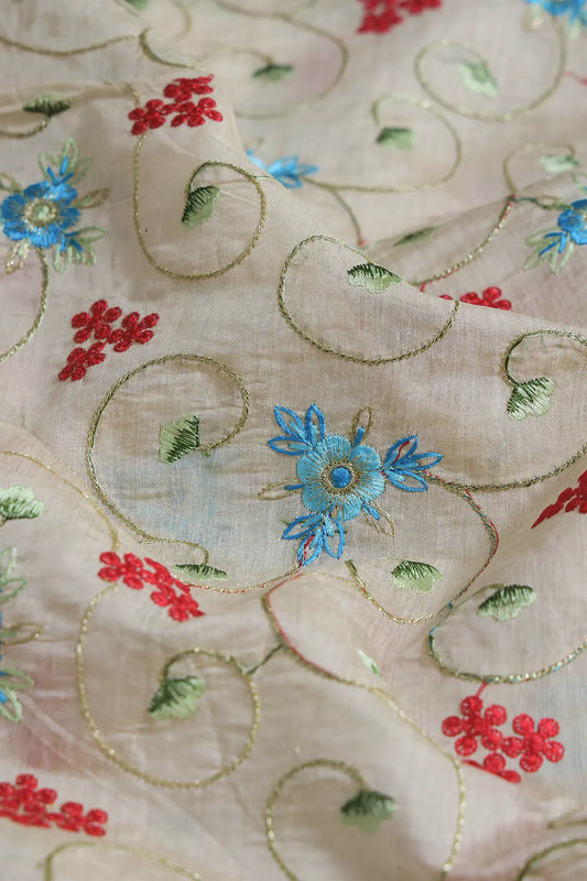 AIzaSyBcstauz-XMPRhEY21AUzeo032pxrXB5Ug - Beautiful Floral Embroidery Work On Off White Chanderi Fabric