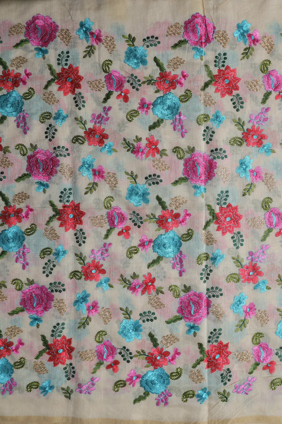 AIzaSyBcstauz-XMPRhEY21AUzeo032pxrXB5Ug - Beautiful Multi Color Thread Embroidery Work On Off White Chanderi Fabric