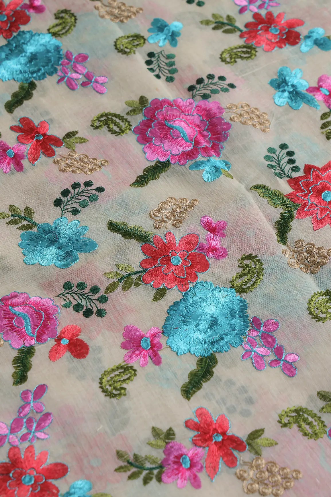 AIzaSyBcstauz-XMPRhEY21AUzeo032pxrXB5Ug - Beautiful Multi Color Thread Embroidery Work On Off White Chanderi Fabric