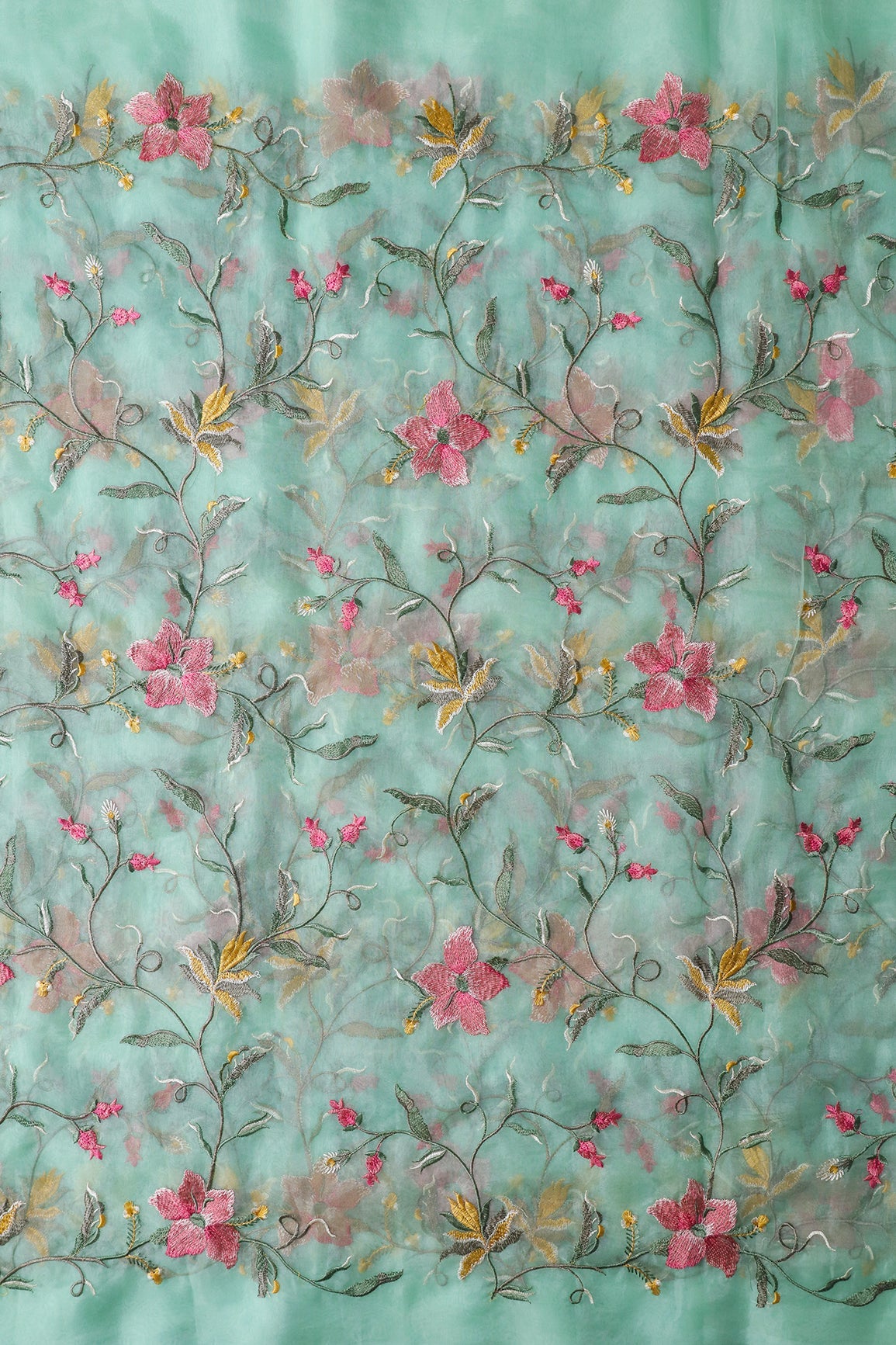 AIzaSyBcstauz-XMPRhEY21AUzeo032pxrXB5Ug - Elegant Floral Multi Color Thread Embroidery Work On Sea Green Organza Fabric