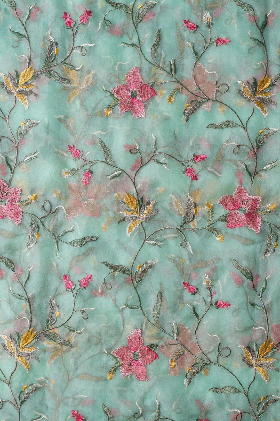 AIzaSyBcstauz-XMPRhEY21AUzeo032pxrXB5Ug - Elegant Floral Multi Color Thread Embroidery Work On Sea Green Organza Fabric