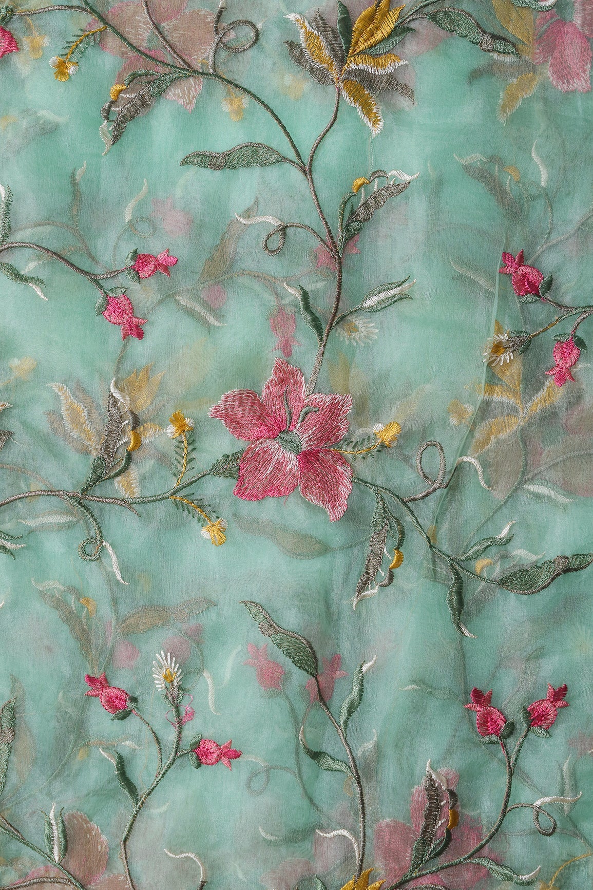 AIzaSyBcstauz-XMPRhEY21AUzeo032pxrXB5Ug - Elegant Floral Multi Color Thread Embroidery Work On Sea Green Organza Fabric
