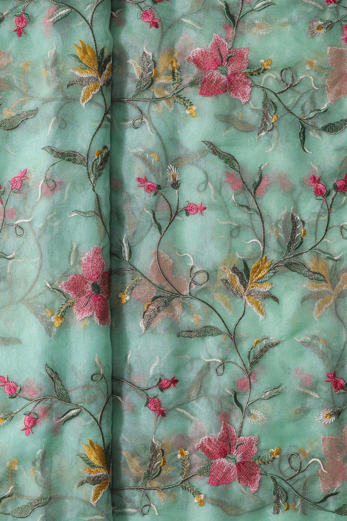 AIzaSyBcstauz-XMPRhEY21AUzeo032pxrXB5Ug - Elegant Floral Multi Color Thread Embroidery Work On Sea Green Organza Fabric