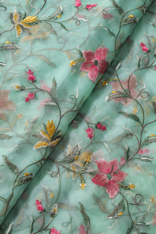 AIzaSyBcstauz-XMPRhEY21AUzeo032pxrXB5Ug - Elegant Floral Multi Color Thread Embroidery Work On Sea Green Organza Fabric